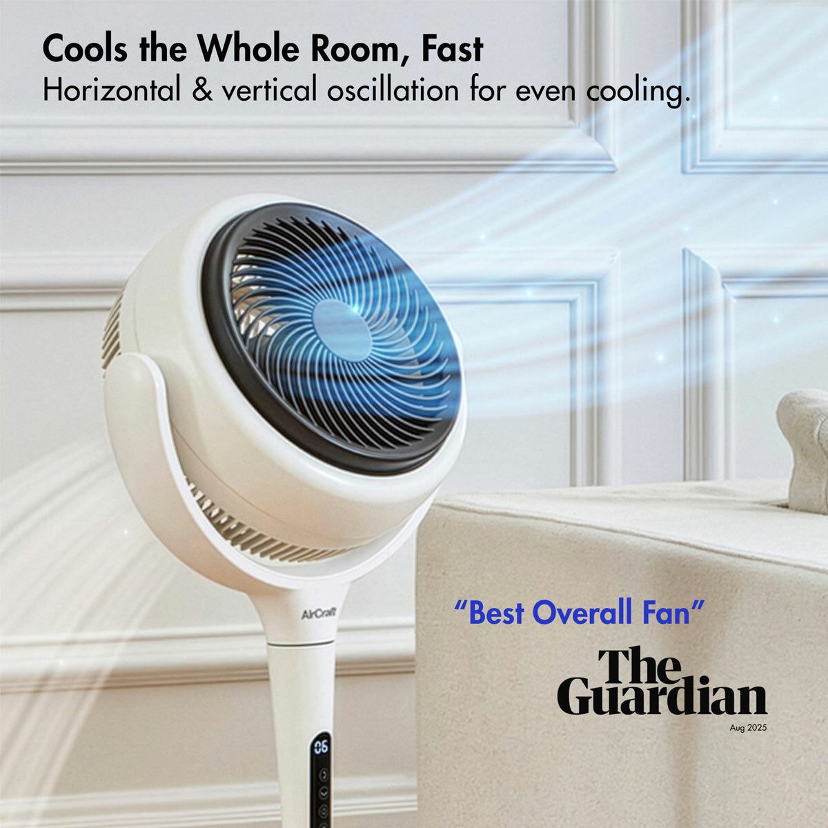 AirCraft Lume Midi Table Fan Remote LED Quiet 12 Speed Air Circulator White