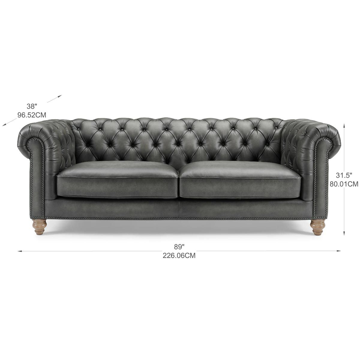Prospera Home Allington 3 Seater Grey Leather Chesterfield Sofa 226cm Coil