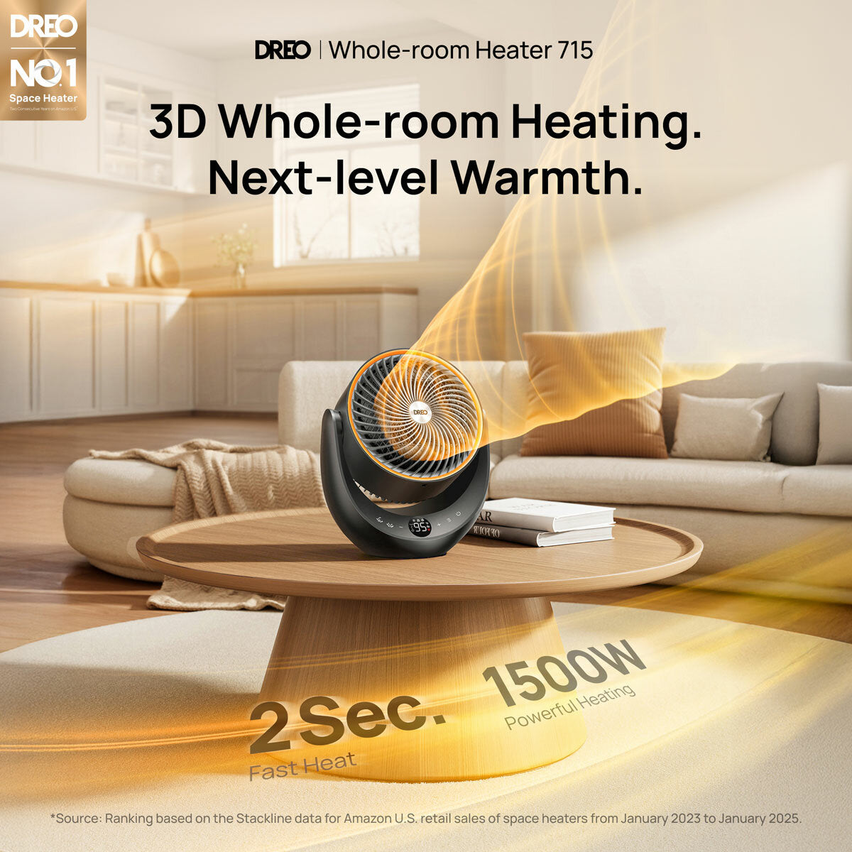 Dreo DR-HSH015 Ceramic Space Heater 2000W 3D Oscillation Whole Room Fan Black