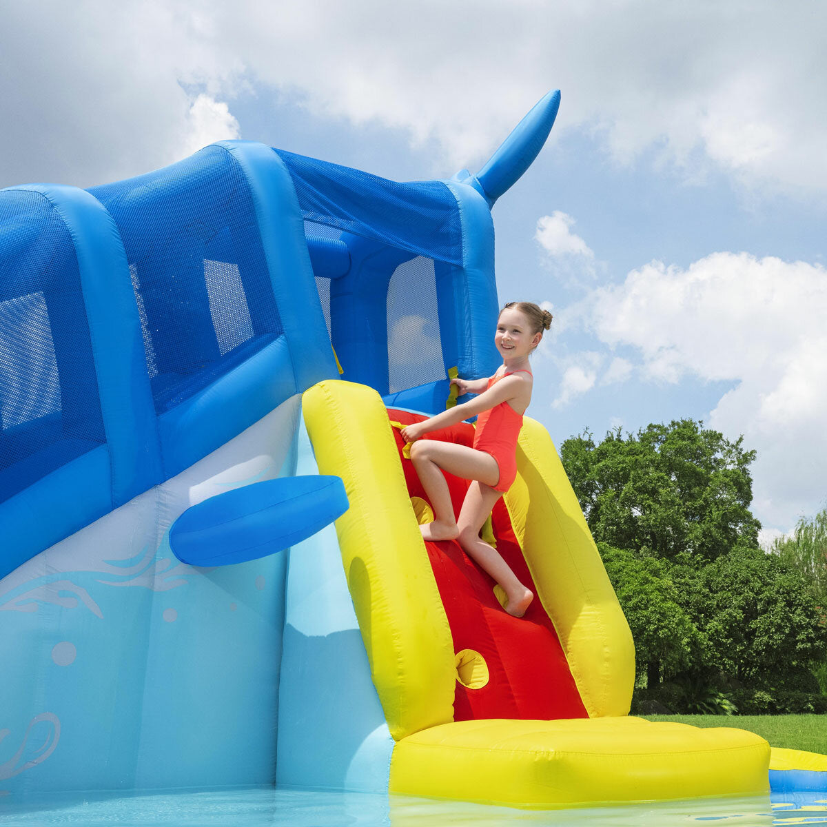 H2OGO! Whale Inflatable Kids Water Park Slide Splash Pad Climb Wall Blower