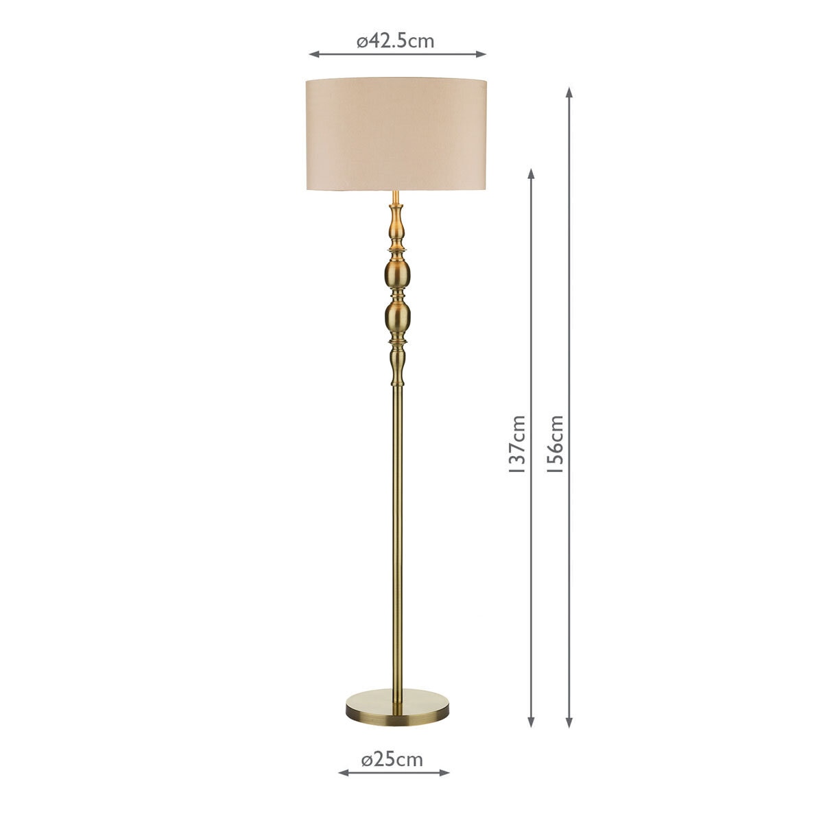 DAR Madrid Antique Brass Metal Floor Lamp Faux Silk Drum Shade Lounge 156cm