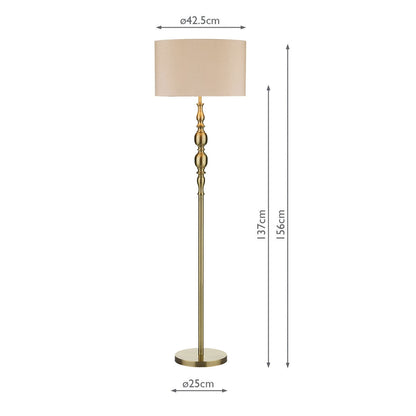 DAR Madrid Antique Brass Metal Floor Lamp Faux Silk Drum Shade Lounge 156cm