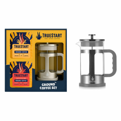 TrueStart 8 Cup Cafetiere 1L & 2x200g Arabica Ground Coffee Gift Set Bundle