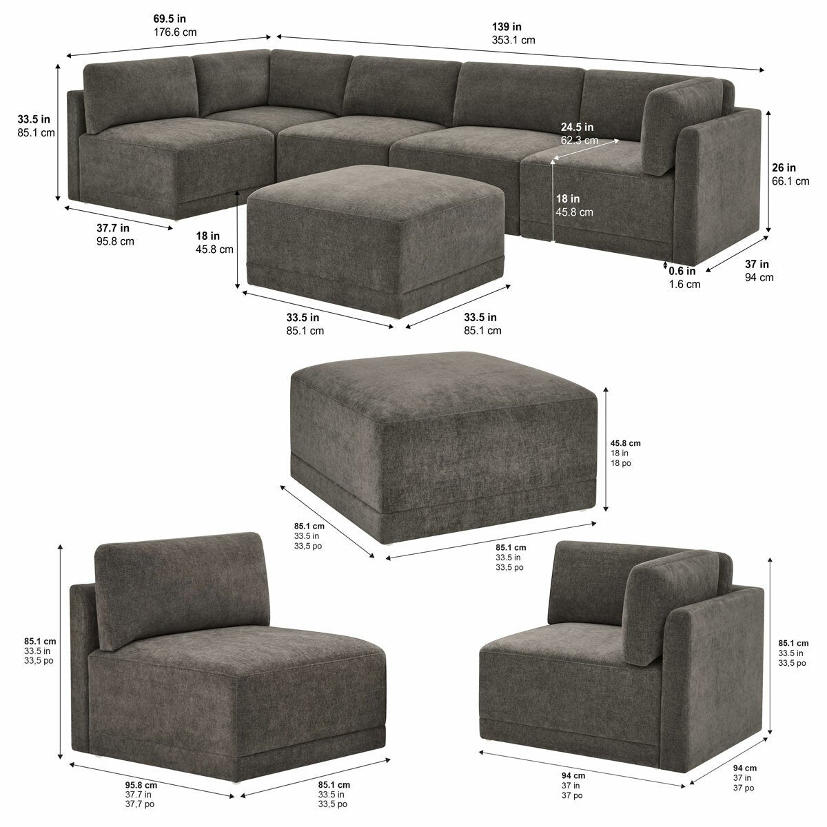 Thomasville Fallon Grey Modular Fabric Sofa 6 Piece Set Pocket Coil Ottoman