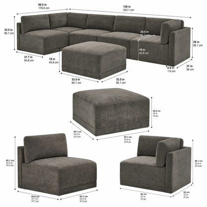 Thomasville Fallon Grey Modular Fabric Sofa 6 Piece Set Pocket Coil Ottoman