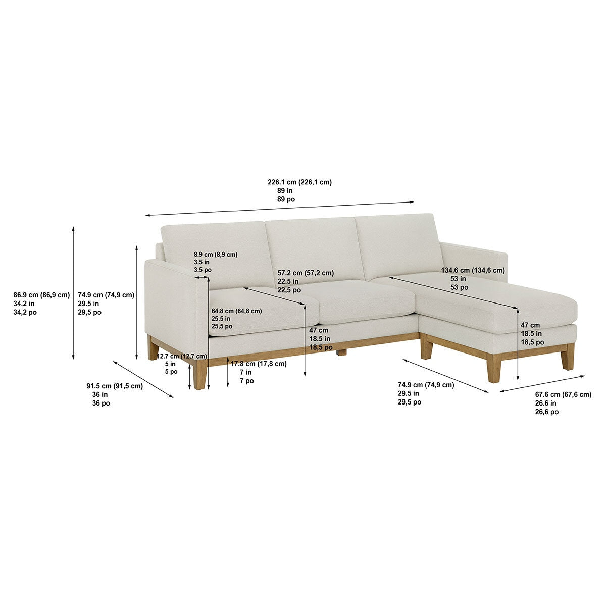 Henredon Murphy Cream Fabric Corner Sofa Reversible Chaise Lounge Coil Cushion