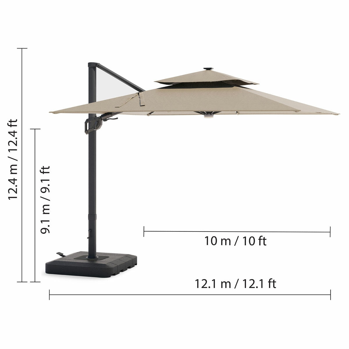 Seasons Sentry 10ft (3m) Square 2-Tier LED Solar Cantilever Umbrella with Base