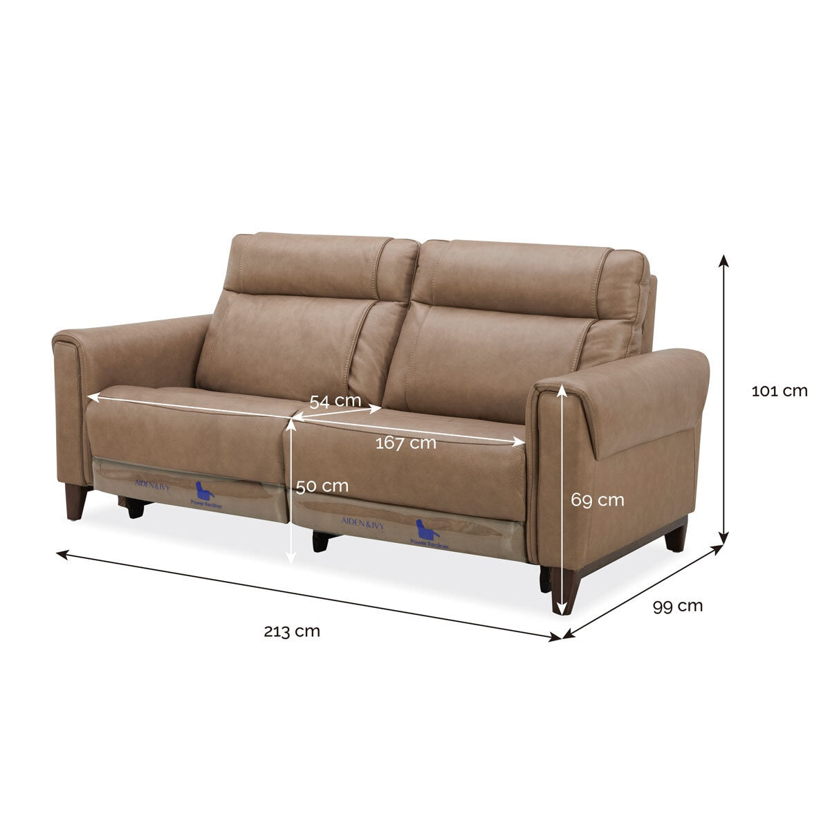 Aiden & Ivy Spencer Brown Leather Power Reclining 2 Seater Sofa 213cm Wide