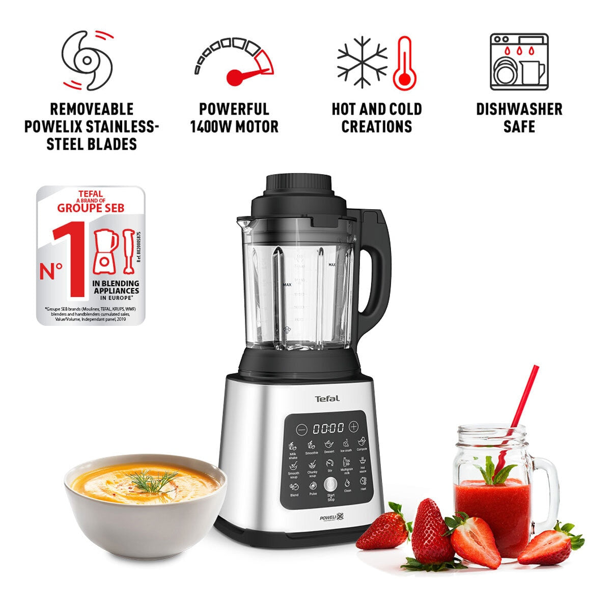 Tefal BlendForce 2 Glass Blender Soup Maker 1400W Silver BL83SD65 10 Programs