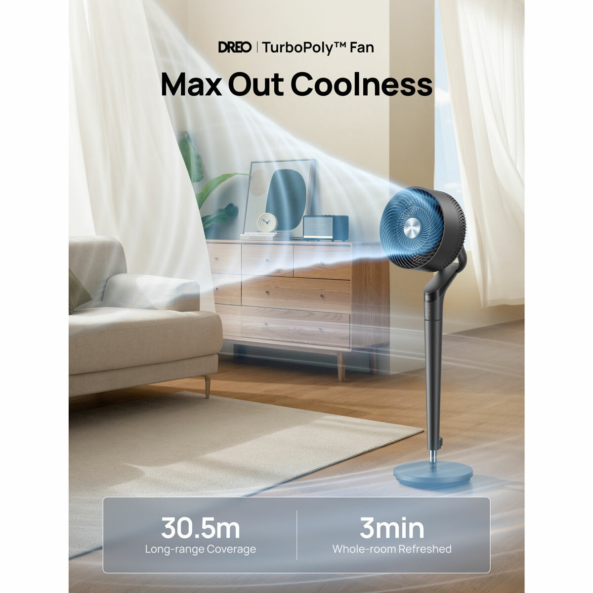 Dreo TurboPoly 350S Smart Pedestal Fan 3D Oscillation 9 Speed Grey DR-HPF020S"