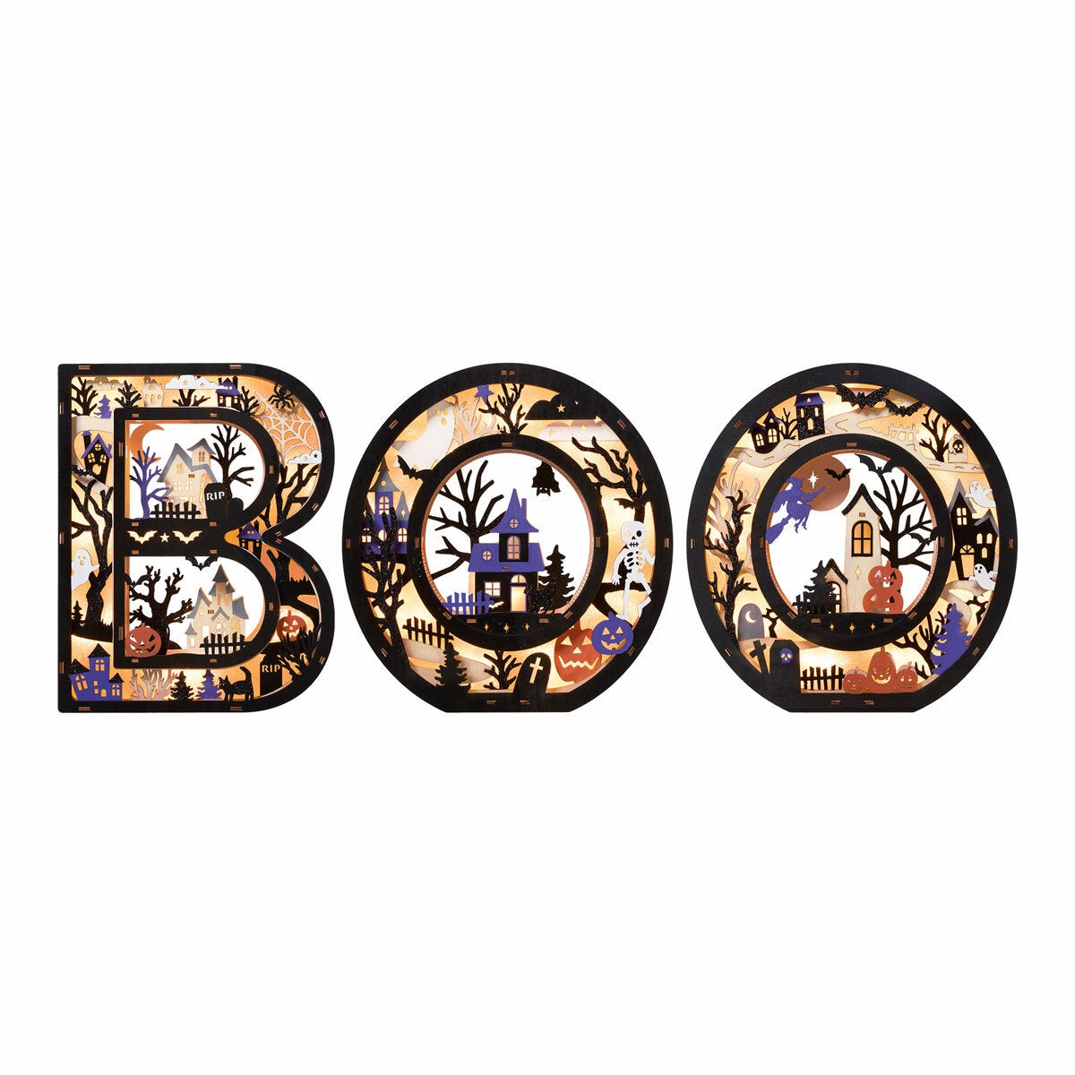 Wooden Light Up BOO Letters Halloween Decoration LED Warm Indoor Set of 3