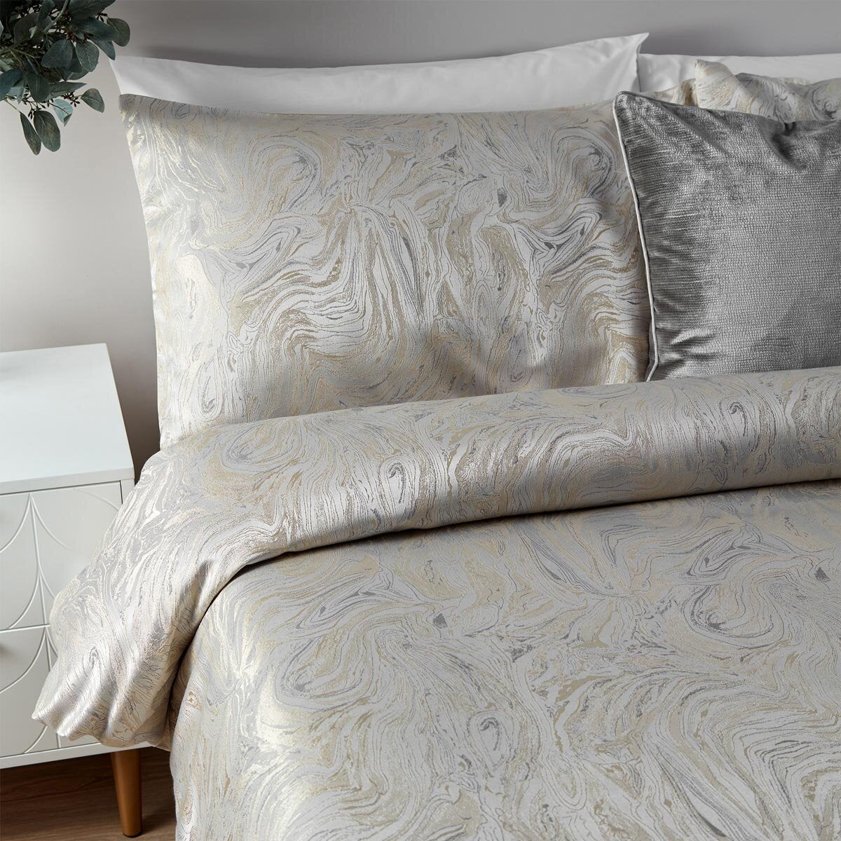 Paoletti Marble Oyster Grey Double Duvet Cover Set 3pc Pillowcases Cotton