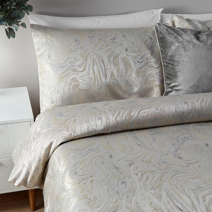 Paoletti Marble Oyster Grey Double Duvet Cover Set 3pc Pillowcases Cotton