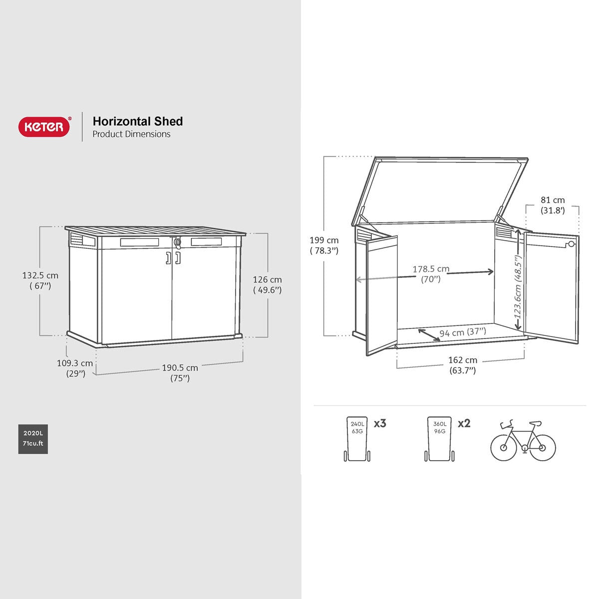 Keter Horizon Horizontal Garden Storage Shed 2020L Rosewood 190x109cm Plastic
