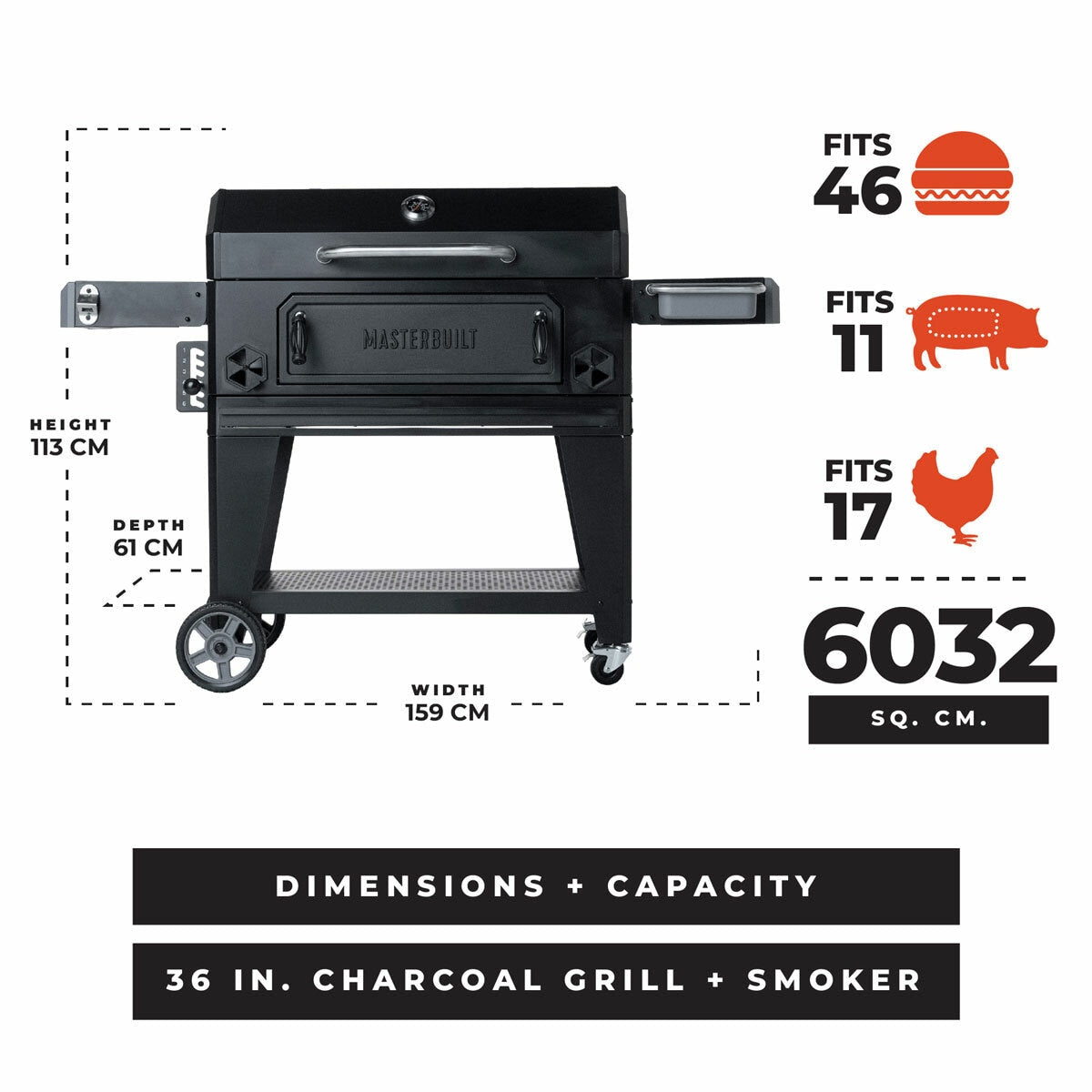 Masterbuilt 36" Charcoal BBQ Grill Wagon FY27 930in² Steel Barbecue Black