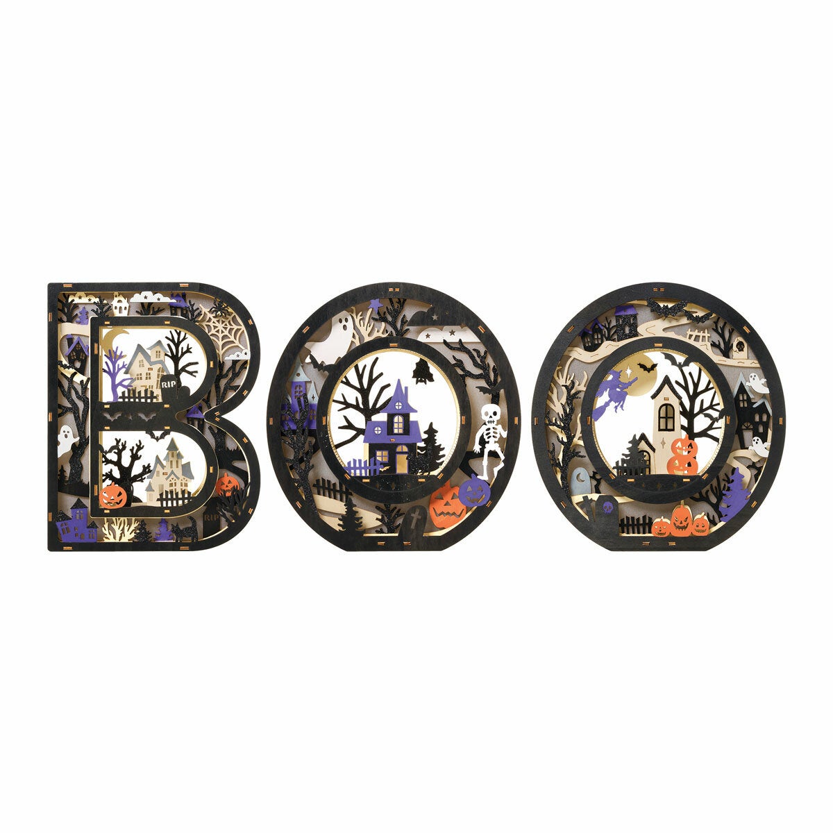 Wooden Light Up BOO Letters Halloween Decoration LED Warm Indoor Set of 3