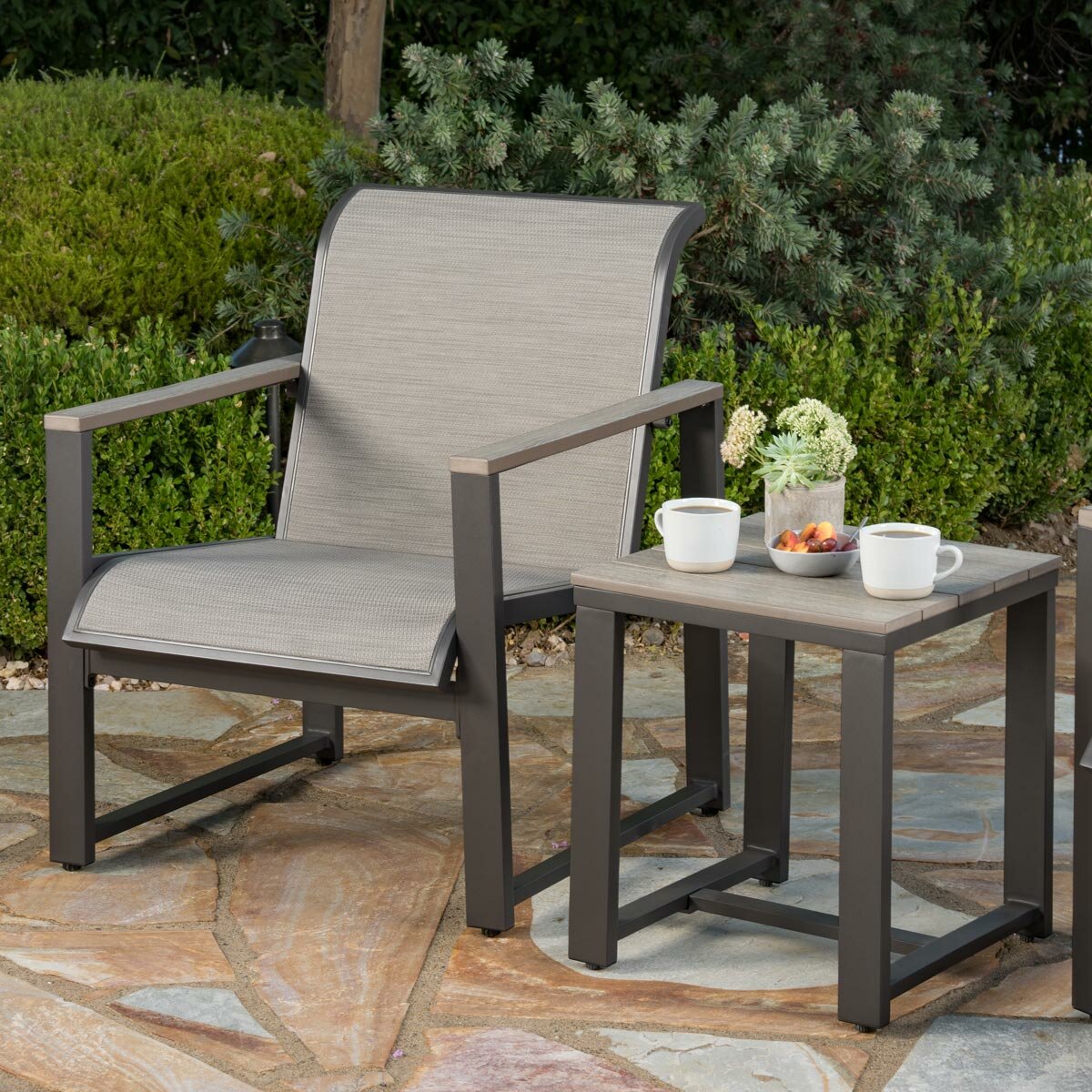 SunVilla Helio 3pc Bistro Set Grey Sling Armchairs Coffee Table Cover Garden