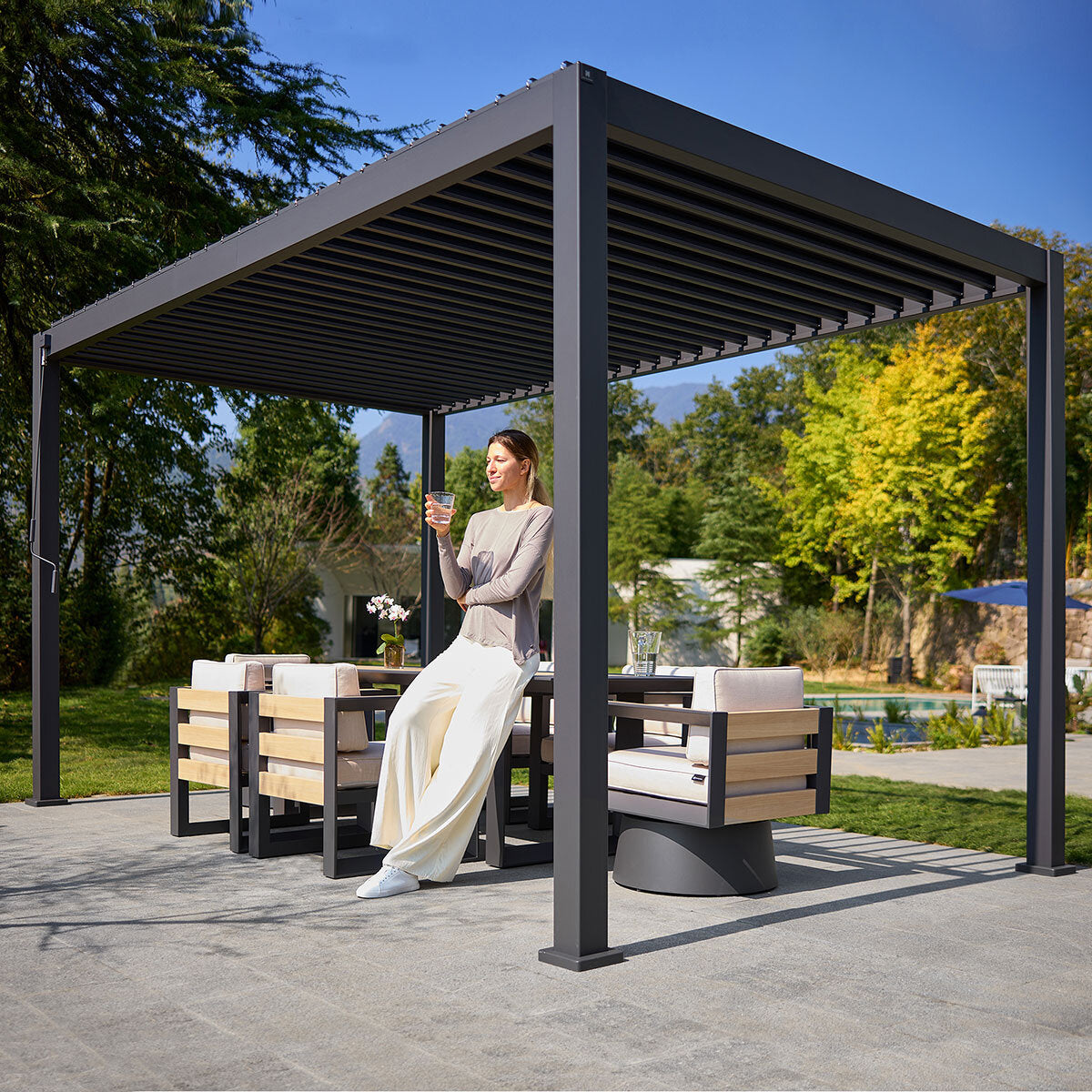 Mirador Louvered Aluminium Pergola Anthracite Adjustable Louvres 2.7m x 4.4m