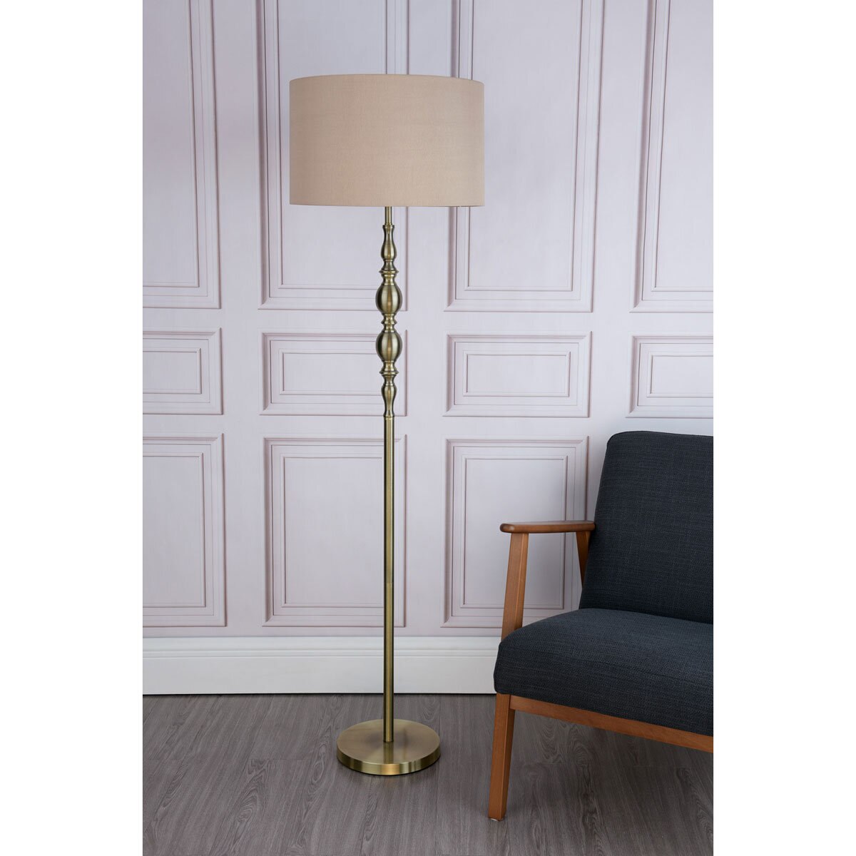 DAR Madrid Antique Brass Metal Floor Lamp Faux Silk Drum Shade Lounge 156cm