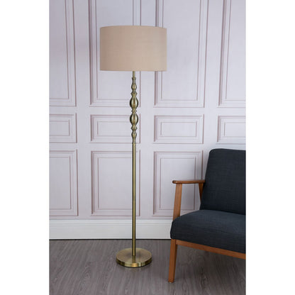DAR Madrid Antique Brass Metal Floor Lamp Faux Silk Drum Shade Lounge 156cm