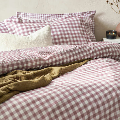 Yard Barton Pink Gingham Double Duvet Cover Set 100% Cotton 144 Thread Count