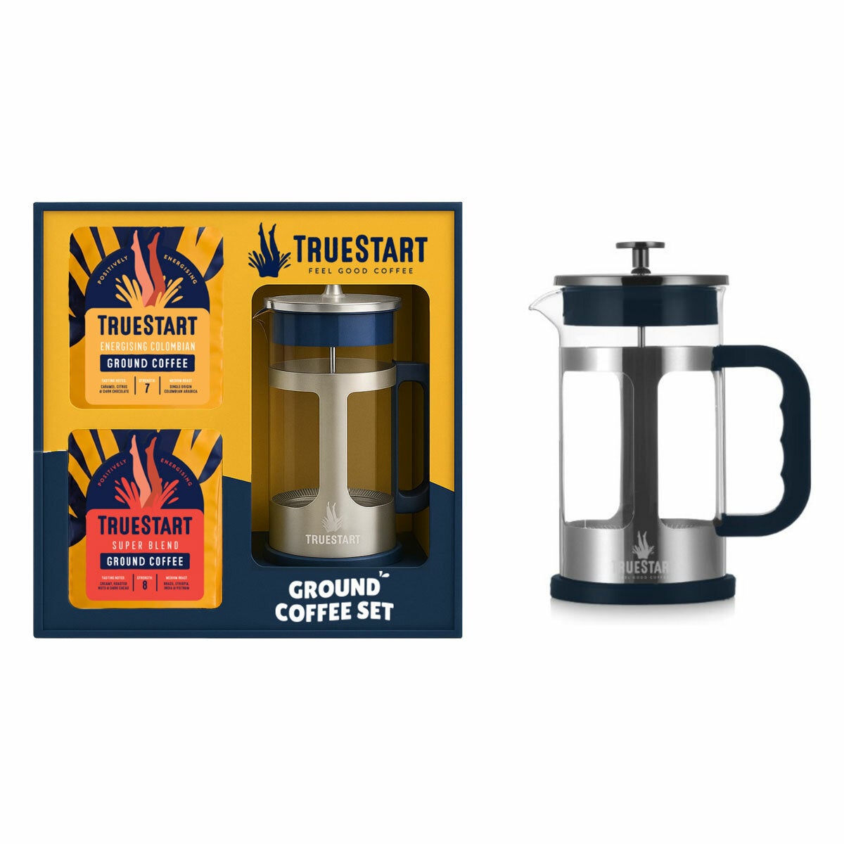 TrueStart 8 Cup Cafetiere 1L & 2x200g Arabica Ground Coffee Gift Set Bundle