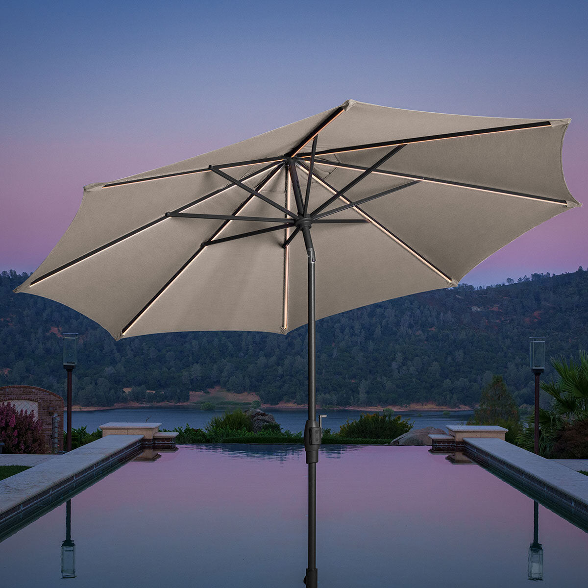 SunVilla 10ft Solar LED Garden Parasol Market Umbrella Beige Myra Aluminium Tilt