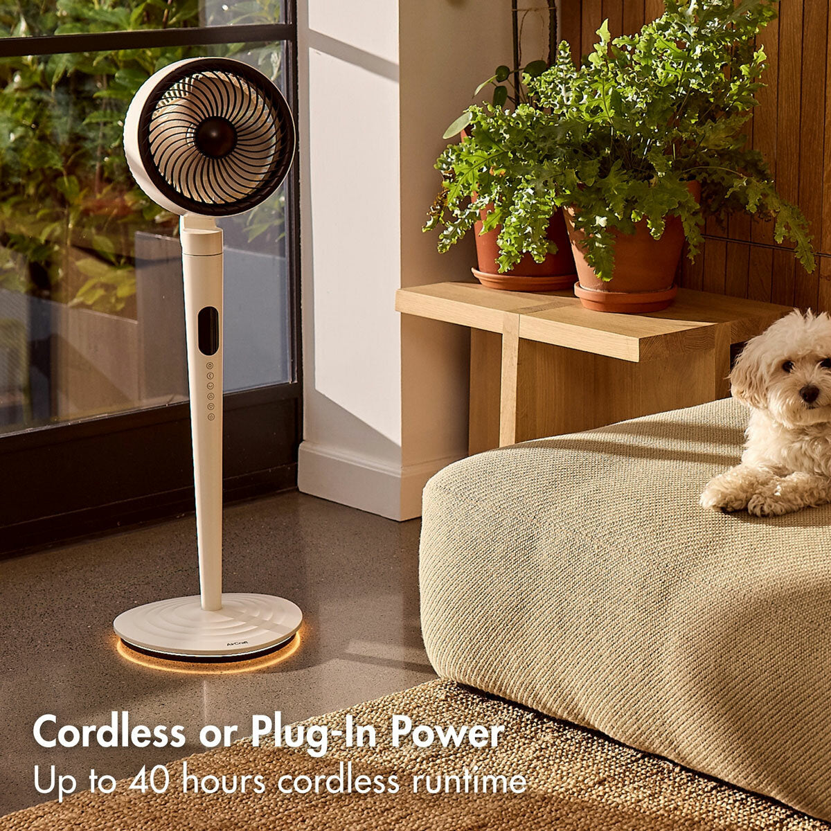AirCraft AirLume Pedestal Fan Cordless Corded 12 Speed Stone White Remote