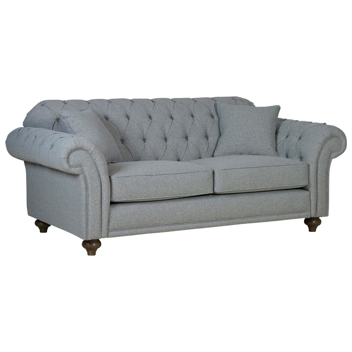 Bordeaux Button Back Grey Fabric 2 Seater Sofa Tufted Wood Legs 194cm Wide