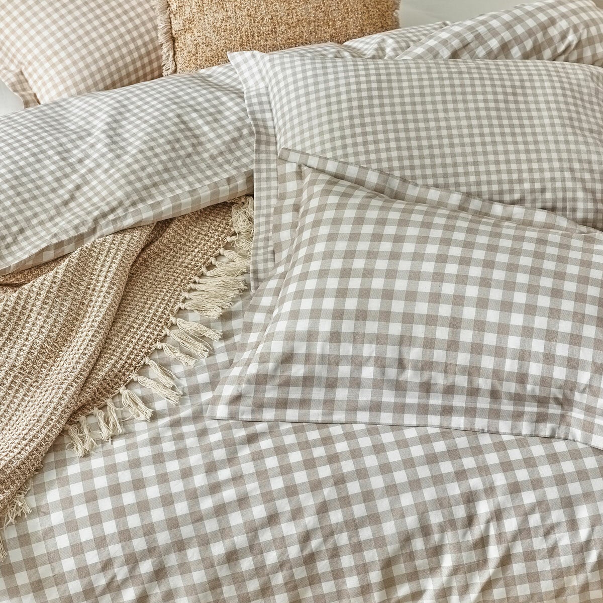 Yard Barton Natural Gingham Double Duvet Cover Set 100% Cotton 144TC Pillowcase