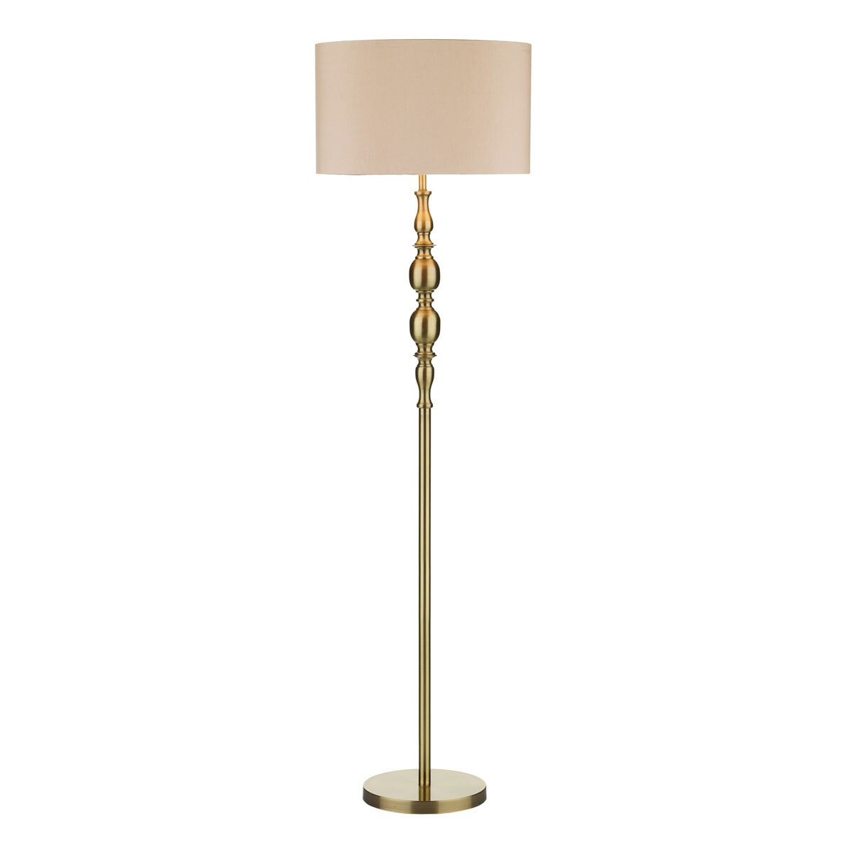 DAR Madrid Antique Brass Metal Floor Lamp Faux Silk Drum Shade Lounge 156cm