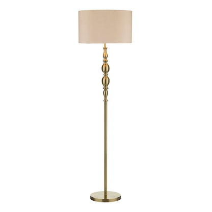 DAR Madrid Antique Brass Metal Floor Lamp Faux Silk Drum Shade Lounge 156cm