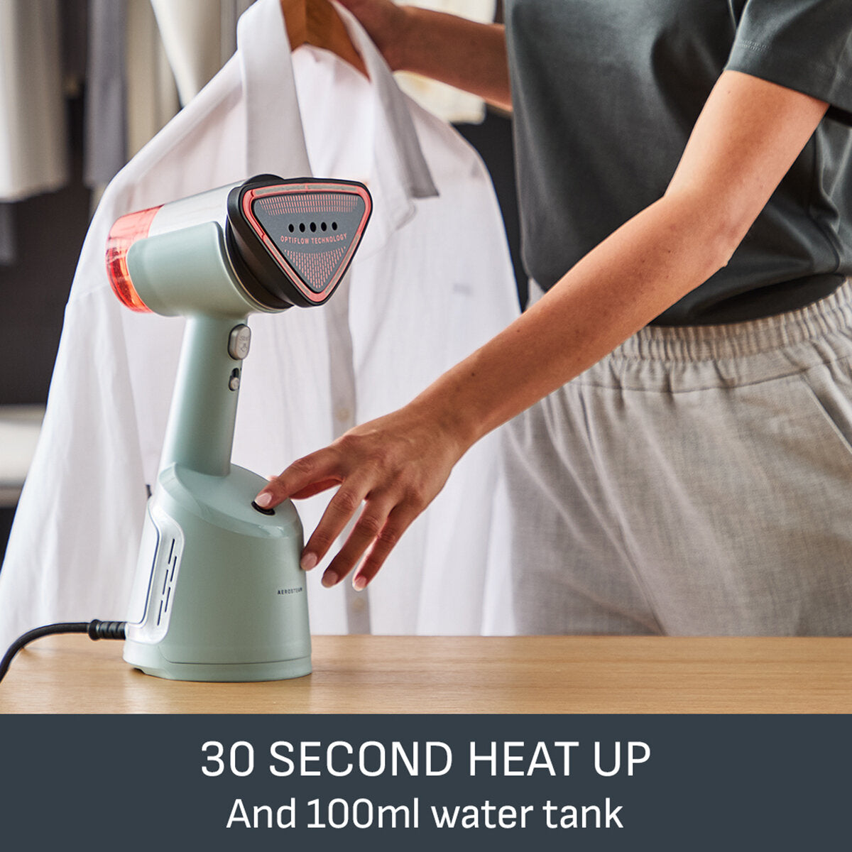 Tefal AeroSteam Garment Steamer DT9814G0 Heated Soleplate Blue Sage Green
