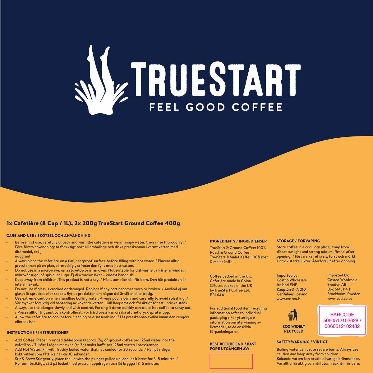 TrueStart 8 Cup Cafetiere 1L & 2x200g Arabica Ground Coffee Gift Set Bundle