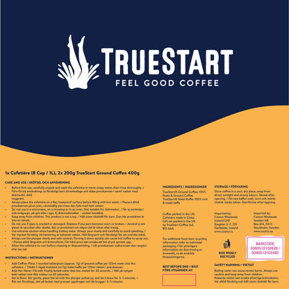 TrueStart 8 Cup Cafetiere 1L & 2x200g Arabica Ground Coffee Gift Set Bundle