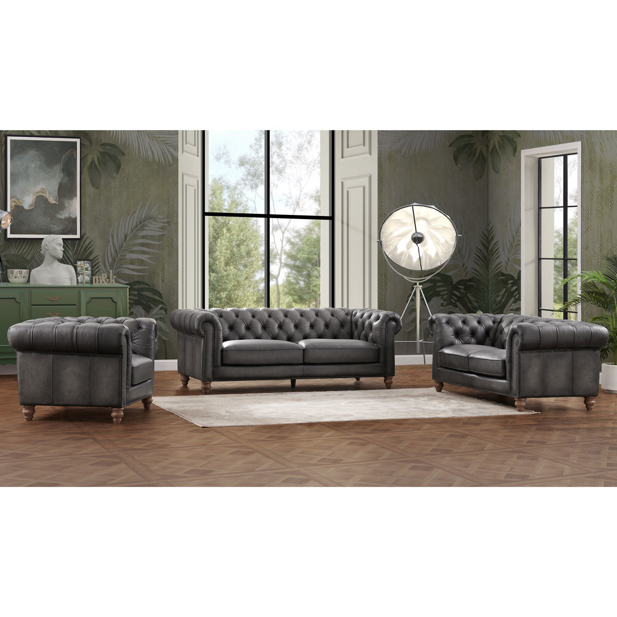 Prospera Home Allington 3 Seater Grey Leather Chesterfield Sofa 226cm Coil