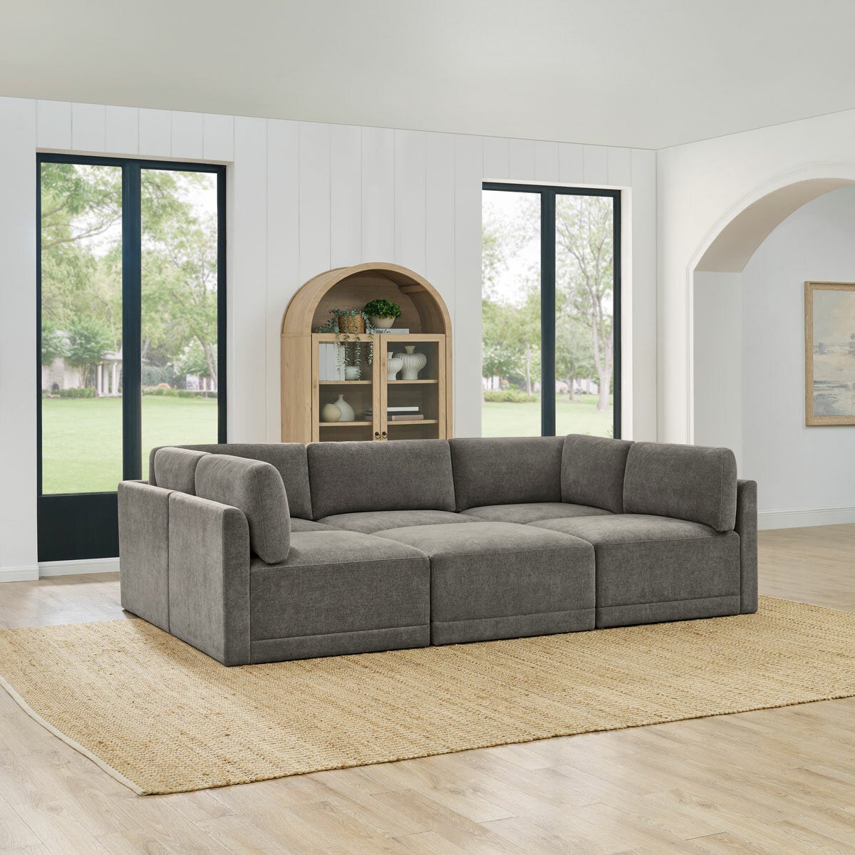 Thomasville Fallon Grey Modular Fabric Sofa 6 Piece Set Pocket Coil Ottoman