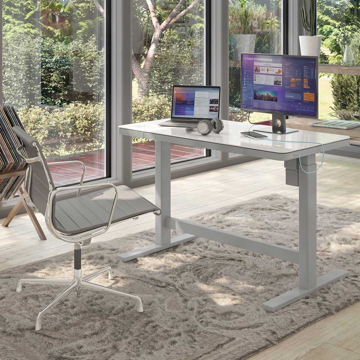 Tresanti Geller Sit Stand Desk White Glass Top Height Adjustable USB Charging