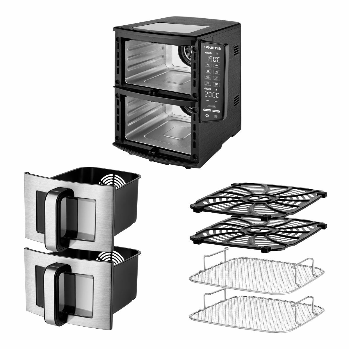 Gourmia Double Decker Dual Basket Air Fryer 10.4L GAF1180 Black Stacked 8-in-1