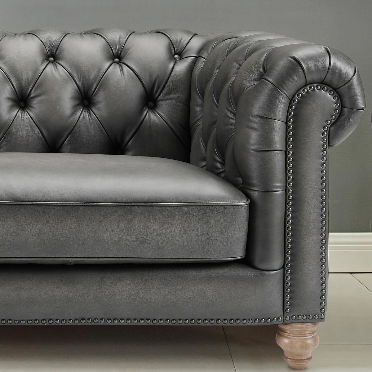 Prospera Home Allington 3 Seater Grey Leather Chesterfield Sofa 226cm Coil