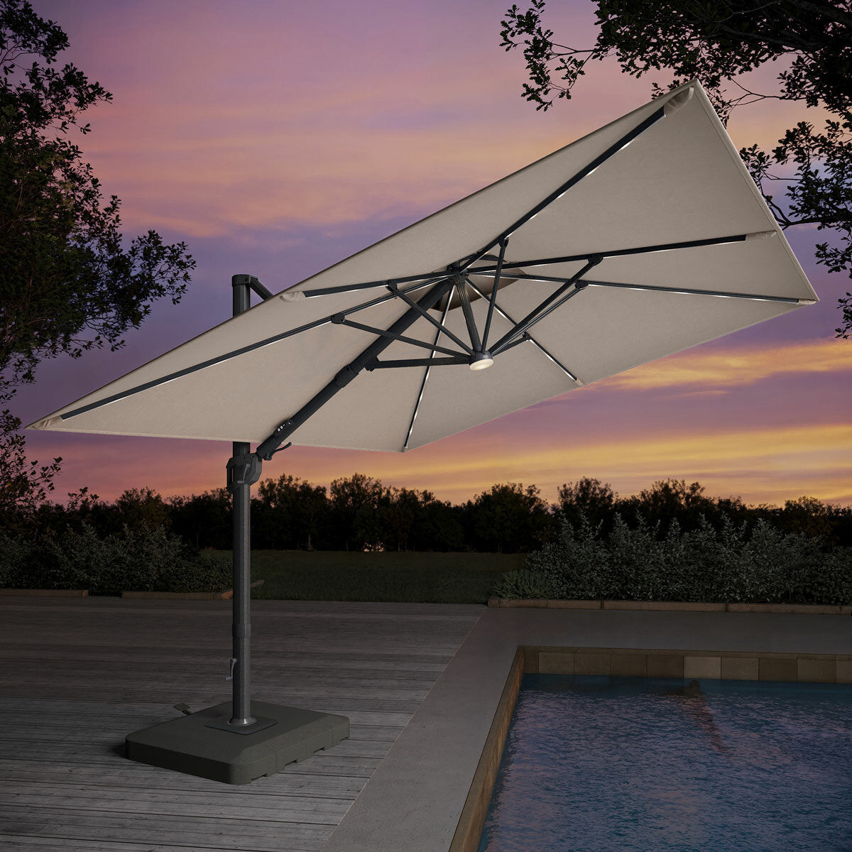 AtLeisure 10ft Square Cantilever Garden Umbrella Solar LED Beige With Base