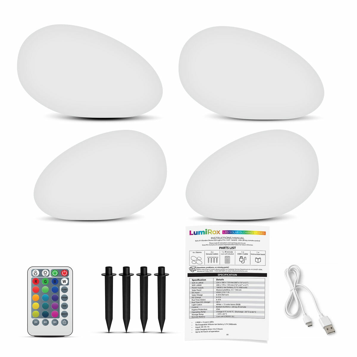 OMT Solar Powered LED Glowing Garden Stones 4 Pack Remote Control Colours