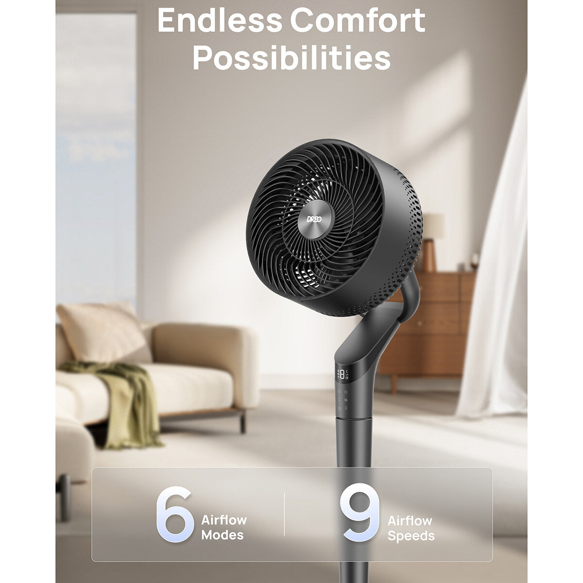 Dreo TurboPoly 350S Smart Pedestal Fan 3D Oscillation 9 Speed Grey DR-HPF020S"