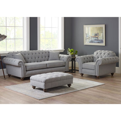 Bordeaux Button Back Grey Fabric 2 Seater Sofa Tufted Wood Legs 194cm Wide