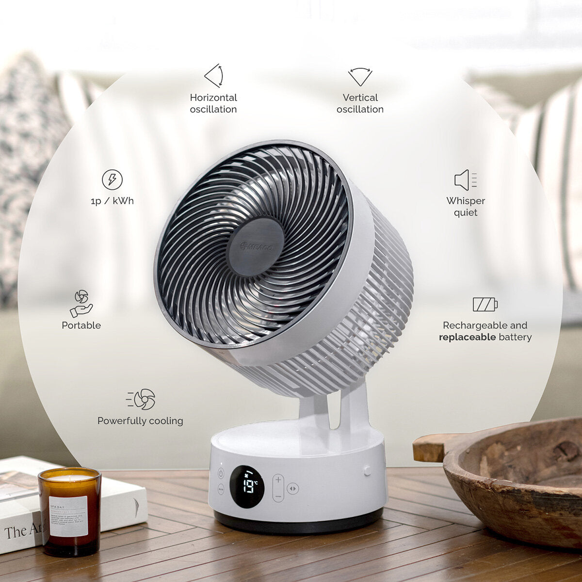 Meaco Sefte 8" Rechargeable Desktop Air Circulator Fan Cordless 12 Speed White
