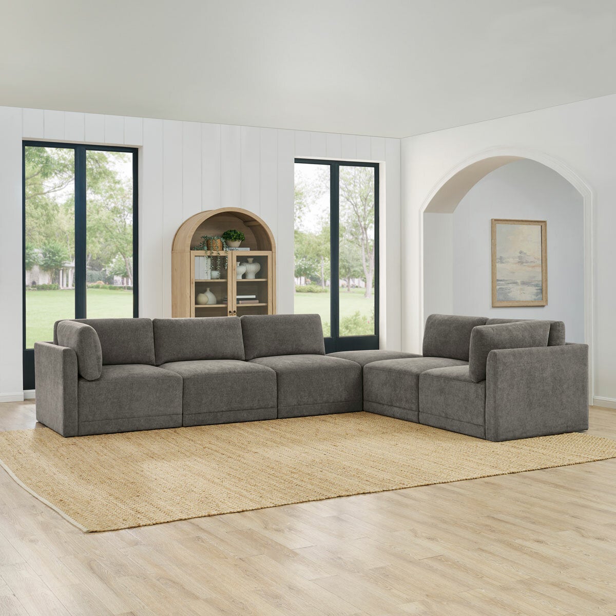 Thomasville Fallon Grey Modular Fabric Sofa 6 Piece Set Pocket Coil Ottoman