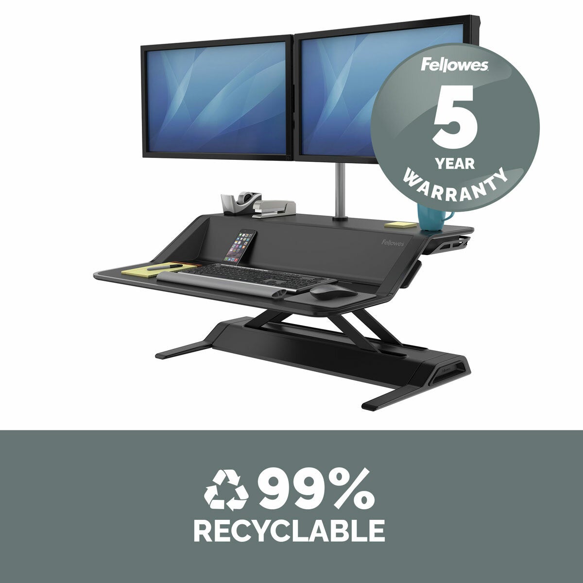 Fellowes Lotus Sit Stand Desk Workstation Black Height Adjustable Office Riser