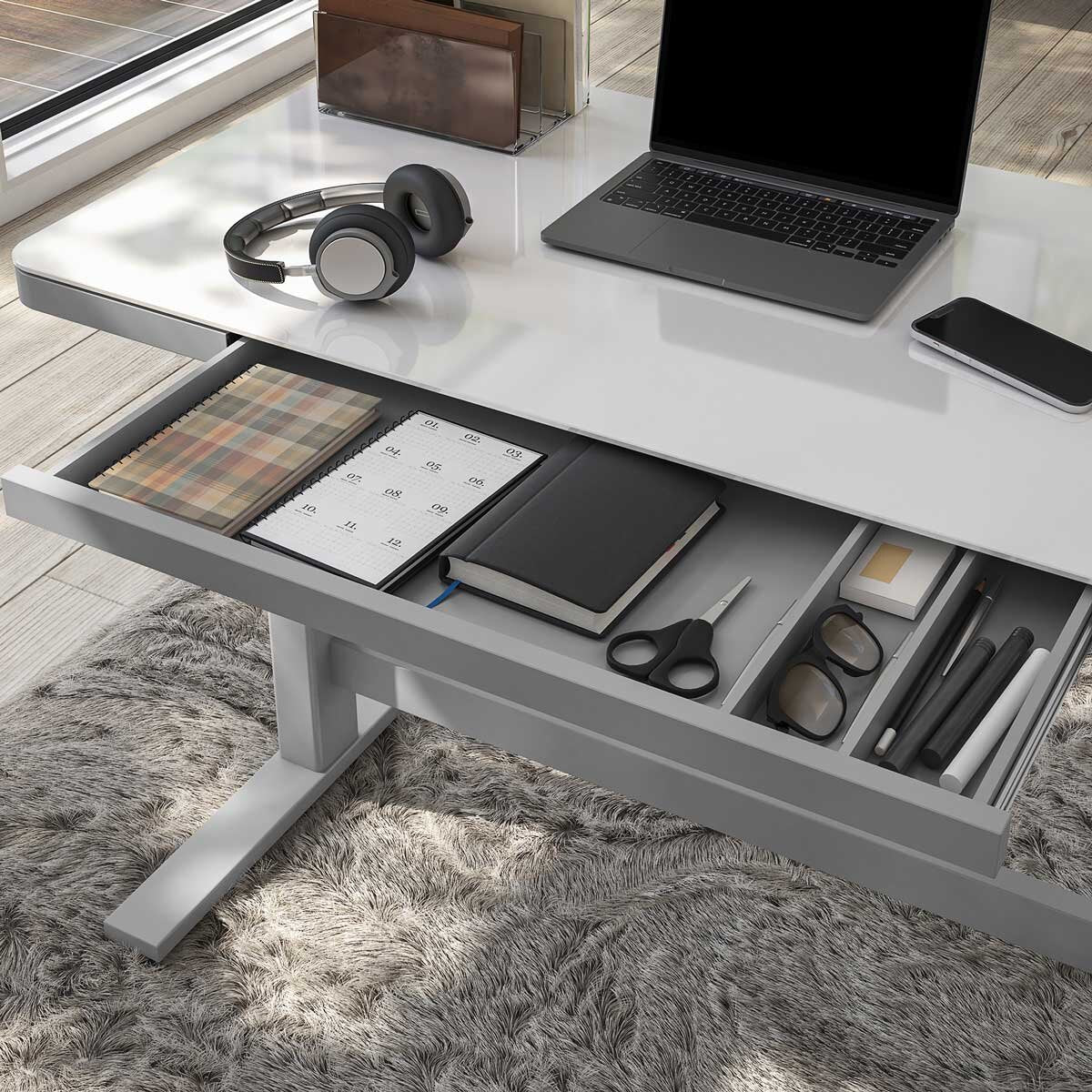 Tresanti Geller Sit Stand Desk White Glass Top Height Adjustable USB Charging