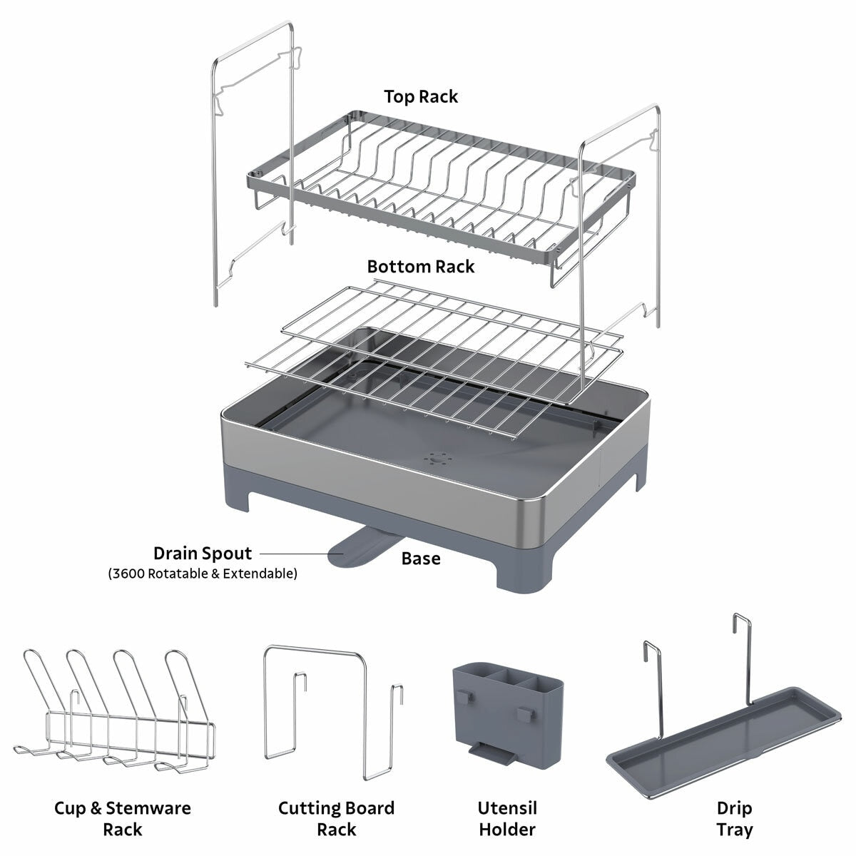 Tramontina 2 Tier Stainless Steel Dish Rack Drainer Drainboard Cup Holder
