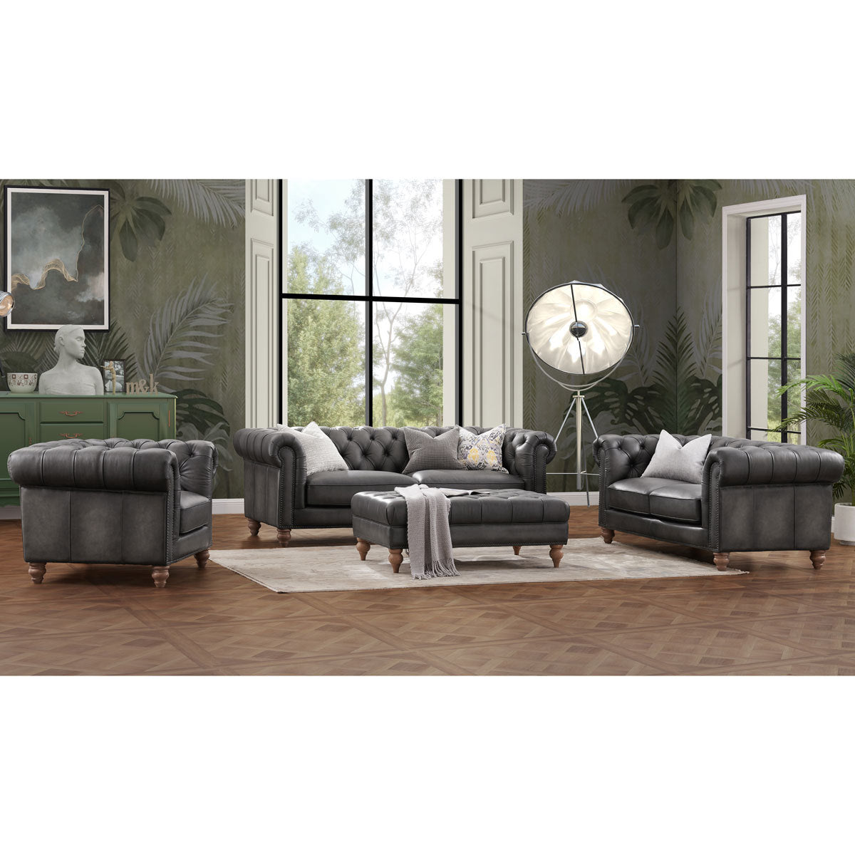 Prospera Home Allington 3 Seater Grey Leather Chesterfield Sofa 226cm Coil
